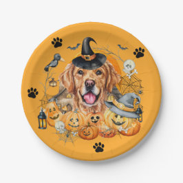 Prato De Papel Temporada Assustadora Abóbora Golden Retriever Hal