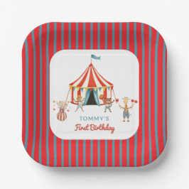 Prato De Papel Tenda de Circo de Animais Divertidos Primeiro Aniv