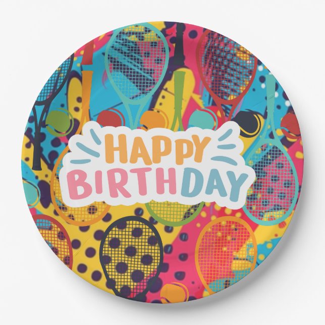 Prato De Papel Tênis Birthday tênis com raquete (Frente)