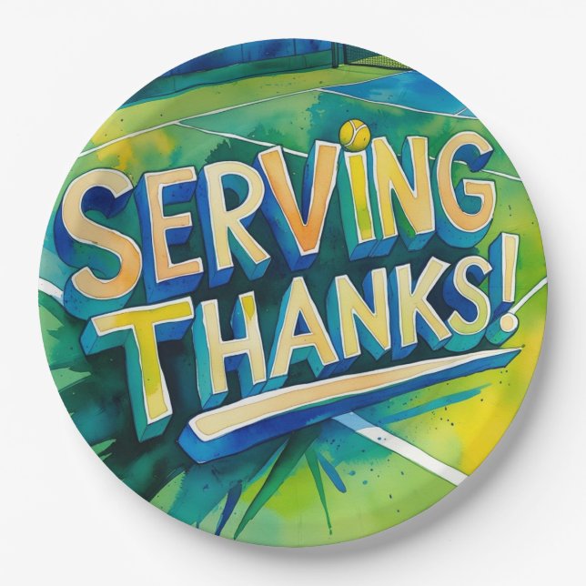 Prato De Papel Tênis Obrigado a festa com raquete e bola (Frente)