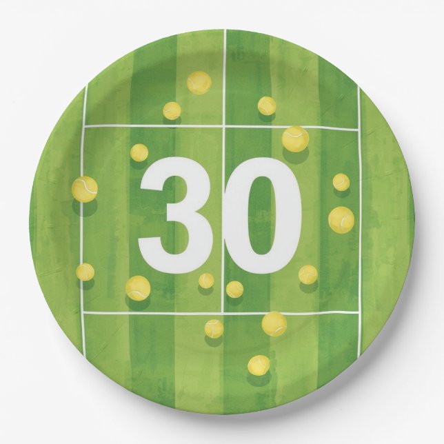 Prato De Papel Tennis 30th Birthday Balls on the court  (Frente)