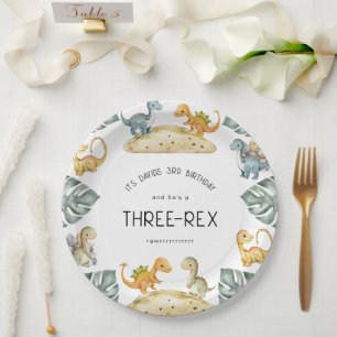 Prato De Papel Terceiro Aniversário do Dinossaur, Partido Três Re