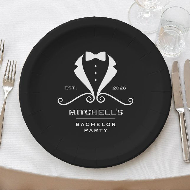 Prato De Papel Terno de Smoking para Despedida de Solteiro Gravat (Bachelor Party Tuxedo Suit Bowtie Black Wedding Paper Plates
)