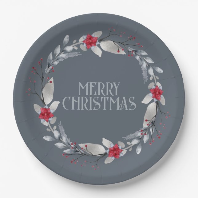 Prato De Papel Terra de Natal do Elegante Silver Red Merry (Frente)
