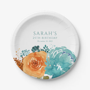 Prato De Papel Terracota Boho Floral Outono Laranja Azul Turquesa