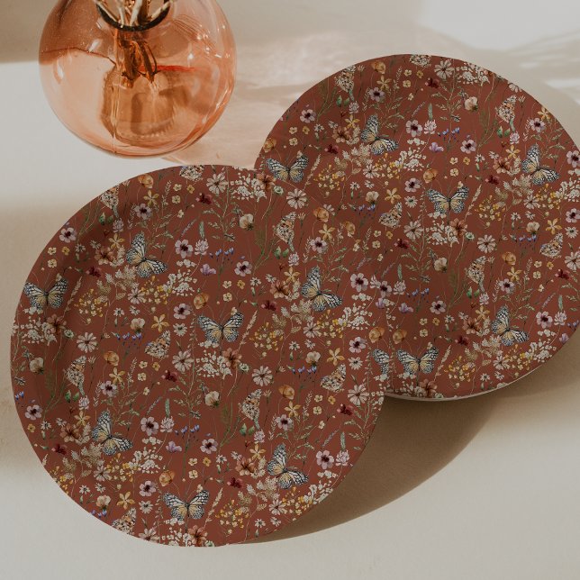 Prato De Papel Terracotta Boho Butterflies (Terracotta Boho Floral Butterflies Paper Plates by Painted Paperie
)