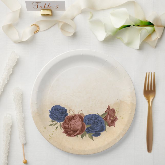 Prato De Papel terracotta marinho azul verde floral (Casamento)