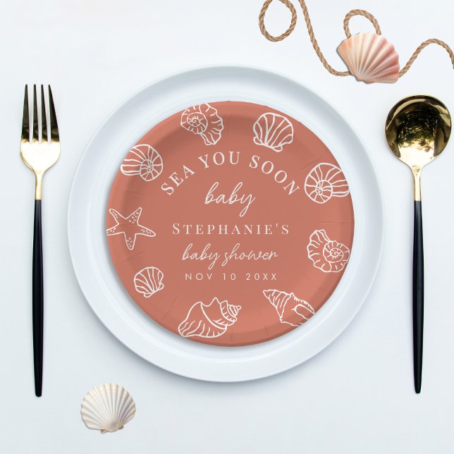Prato De Papel Terracotta Sea You Soon Coastal Beach Baby Shower (Criador carregado)