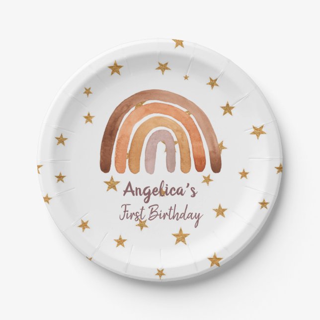Prato De Papel Terreno Tone Aquarela Arco-Íris Primeiro Aniversár (Frente)