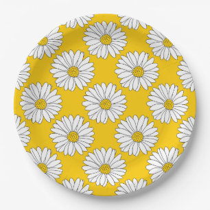 Prato De Papel Teste padrão amarelo 2 da margarida branca