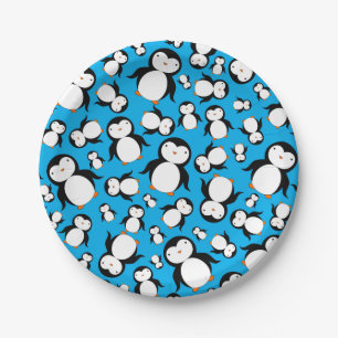 Prato De Papel Teste padrão bonito do pinguim dos azul-céu