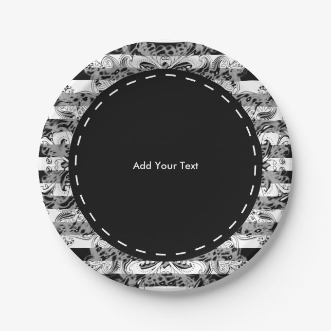 Prato De Papel Teste padrão | de Paisley e de listras preto, (Frente)
