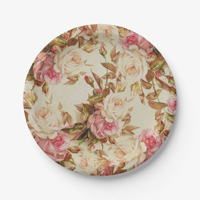Prato De Papel Teste padrão floral dos rosas marrons brancos (Frente)
