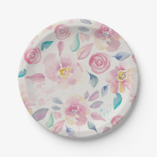 Prato De Papel Teste padrão floral roxo e azul cor-de-rosa