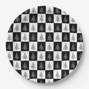 Prato De Papel Teste padrão preto da árvore do White Christmas