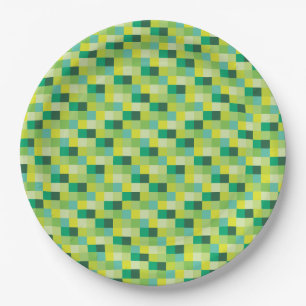 Prato De Papel Teste padrão verde e amarelo de Pixelated