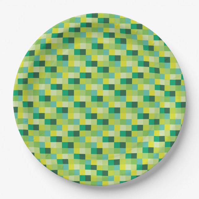 Prato De Papel Teste padrão verde e amarelo de Pixelated (Frente)