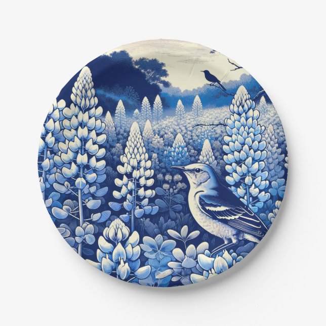 Prato De Papel Texas Bluebonnets e Norte Mockingbird Texan (Frente)