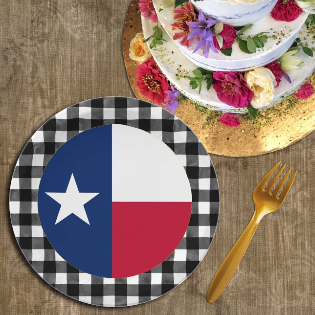 Prato De Papel Texas Plate, xadrez de búfalos EUA e Texas Flag (Criador carregado)