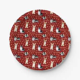 Prato De Papel Texto da feliz Corgbags - Padrão vermelho da Corgi