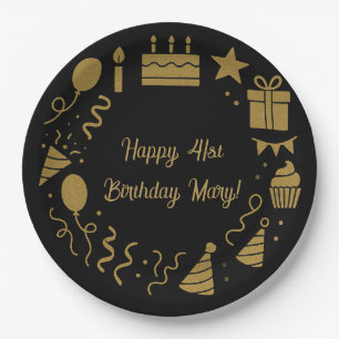 Prato De Papel Texto Dourado e personalizável de aniversário pret