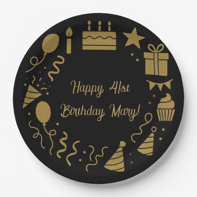 Prato De Papel Texto Dourado e personalizável de aniversário pret (Frente)