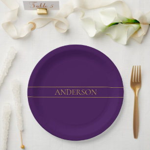 Prato De Papel Texto Elegante Personalizável Dourado & Roxo Fun