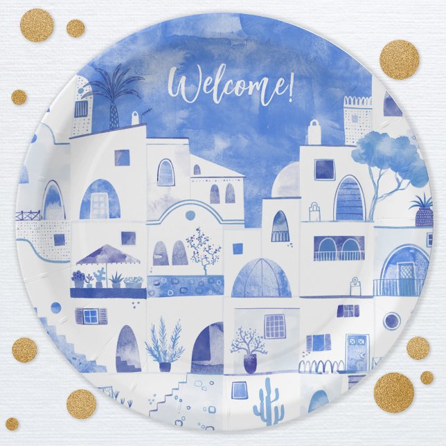 Prato De Papel Texto Personalizado da Aquarela da Grécia Santorin (Santorini Oia Greece watercolor art party paper plate with custom text)