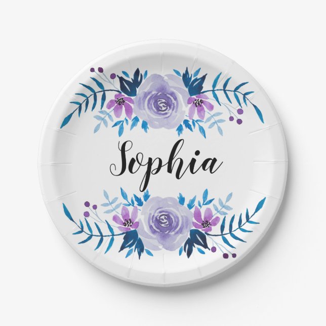 Prato De Papel Texto Personalizado de Texto Floral Púrpura Azul-C (Frente)