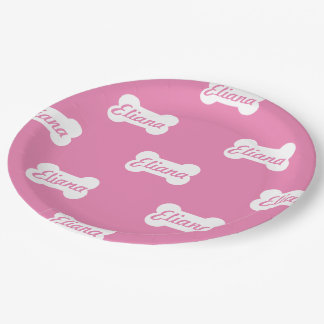 Prato De Papel Texto Personalizado do Osso do Cachorro Rosa