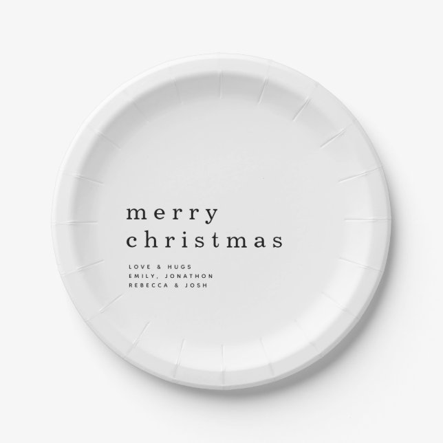 Prato De Papel Texto preto e branco simples Feliz Natal (Frente)