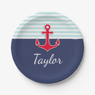 Prato De Papel Texto vermelho listrado do costume da âncora da