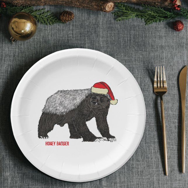 Prato De Papel Texugo-do-natal (Christmas honey badger holiday paper plates funny honey badger wearing a Santa hat)