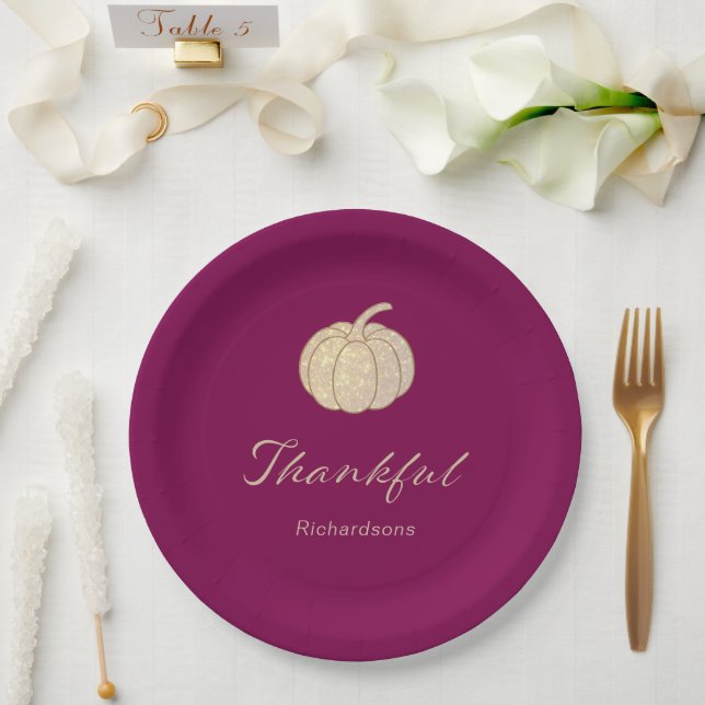 Prato De Papel Thankful Glitter Pumpkin burgundy Thanksgiving (Casamento)