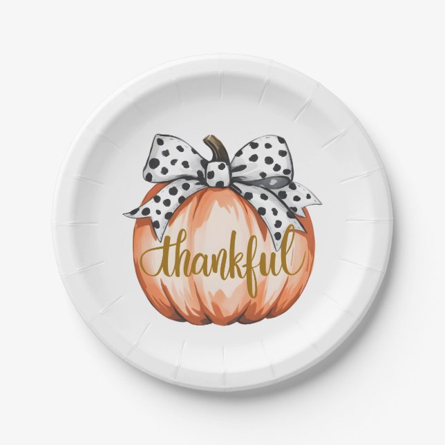 Prato De Papel Thankful Pumpkin with Polka Dot Bow (Frente)