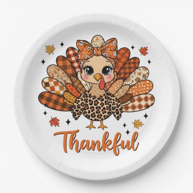 Prato De Papel Thankful Turkey with Autumn Patchwork Feathers (Frente)