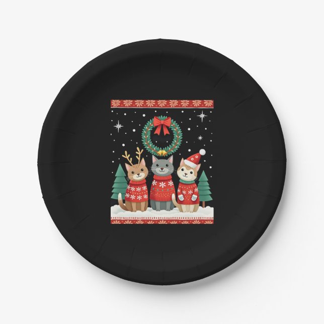 Prato De Papel Three Cat Funny Christmas Cat Ugly Xmas Sweater Me (Frente)