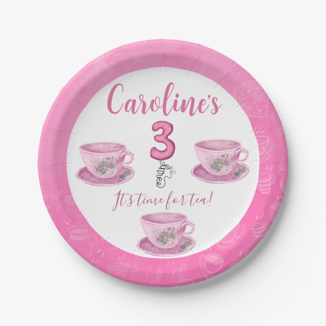 Prato De Papel Three It’s Time for Tea 3rd Birthday Invitation (Frente)