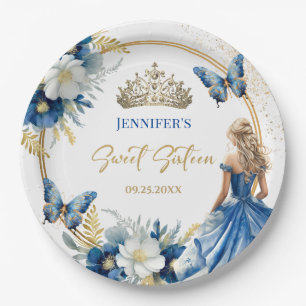 Prato De Papel Tiaro Floral Princesa Azul Royal Dourado Sweet 16
