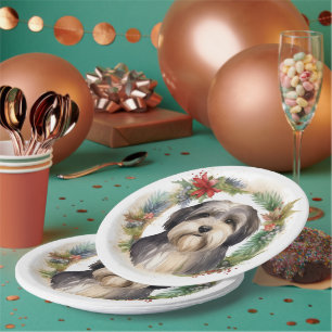 Prato De Papel Tibetano Terrier Christmas Wreath Festivo Pup