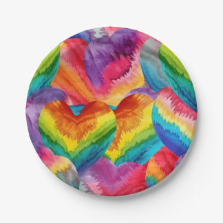Prato De Papel Tie Dye Groovy Hearts Colorful Orange, Red, Green