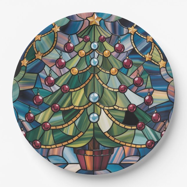 Prato De Papel Tiffany-Style Stained Glass Christmas Tree (Frente)