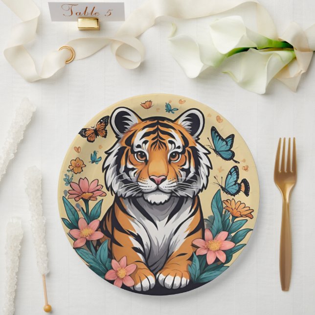 Prato De Papel Tigre-bebê bonito com flores e borboletas (Casamento)