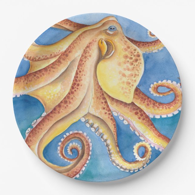 Prato De Papel Tinta Laranja Vermelha Octopus Watercolor (Frente)