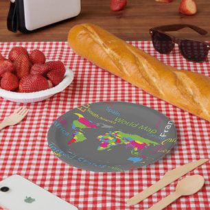 Prato De Papel Tipografia Colorida Mundo Mapeia Viagem de Palavra