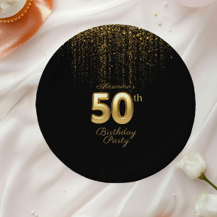 Prato De Papel Tipografia Preta e Dourada 50.º aniversário