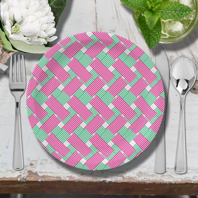 Prato De Papel Tiras Rosa Quente e Verde (Hot pink and green diagonal stripes paper plates)