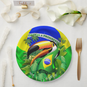 Prato De Papel Toco Toucan com bandeira do Brasil