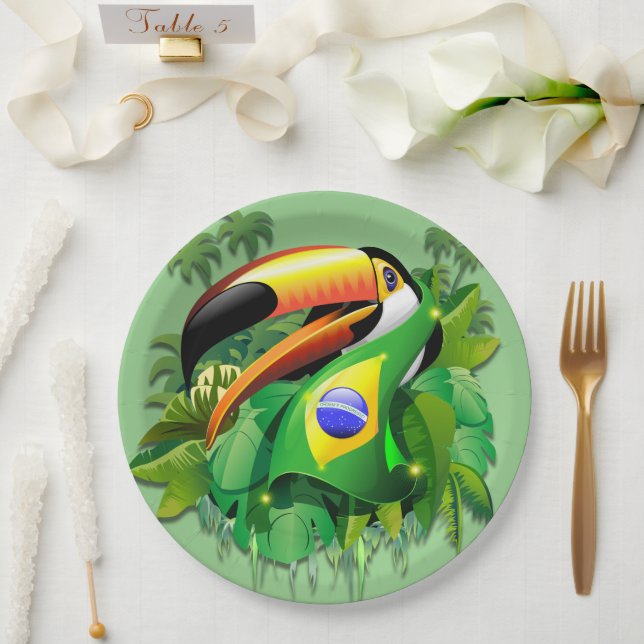 Prato De Papel Toco Toucan com Bandeira do Brasil (Casamento)