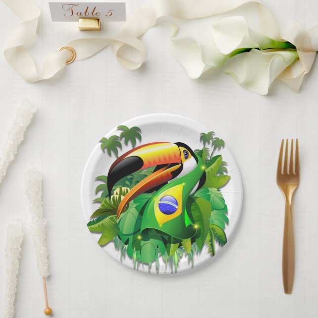 Prato De Papel Toco Toucan com bandeira do Brasil (Casamento)